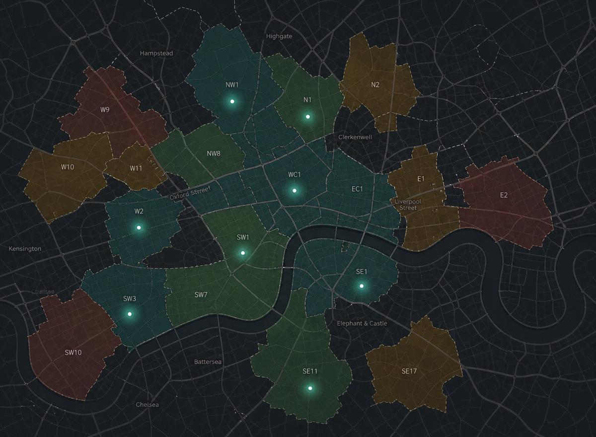 Dark charcoal map of London with postcode districts shaded from low (amber/red) to high (teal/green) café viability.
